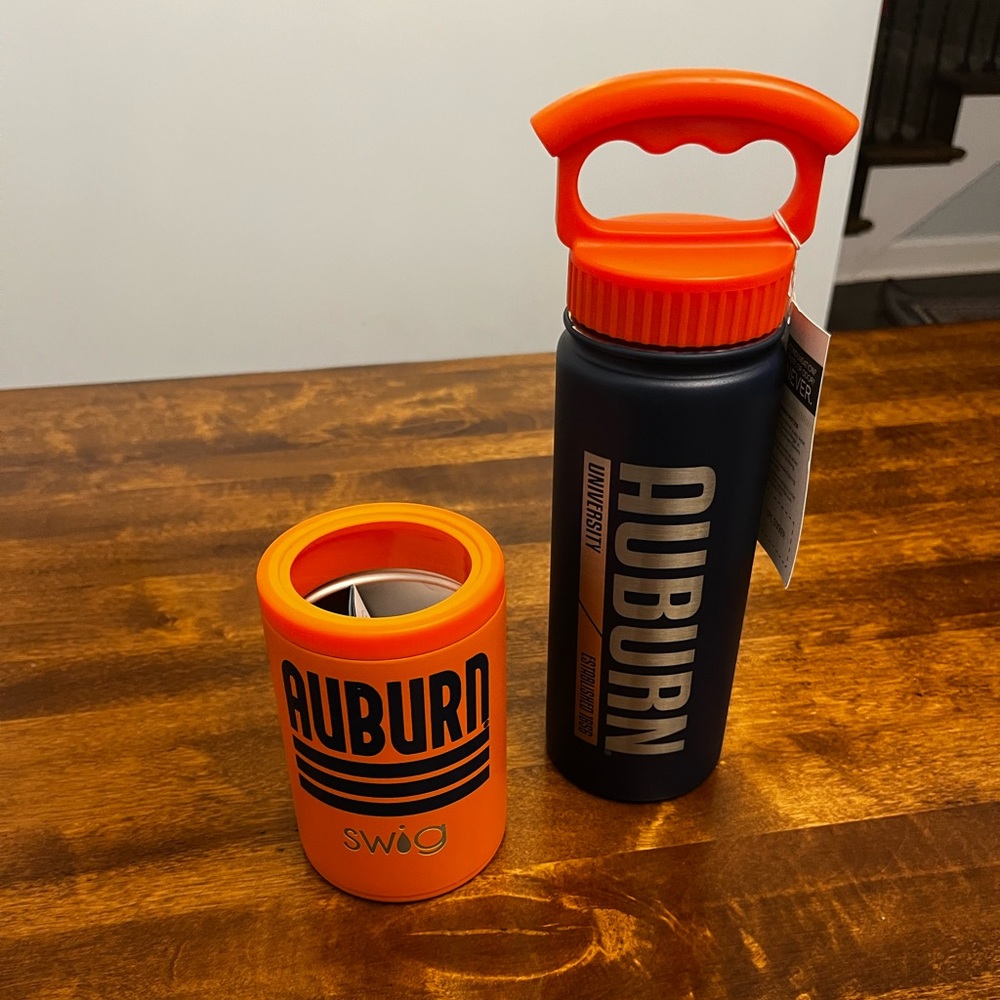 Auburn insulated bottle and hard shell can koozie. NWT.